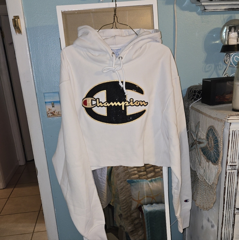 Champion White and Black Cropped Hoodie